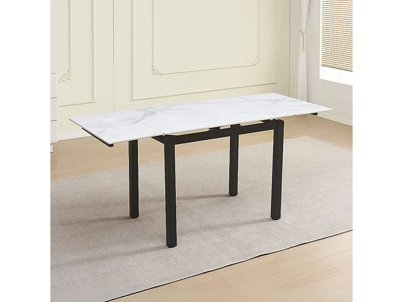 Tavolo allungabile Kyoto con piano in ceramica marmo bianco e struttura in metallo nero 100x70x75H