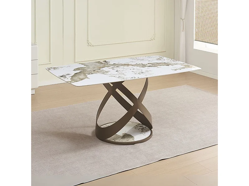 Tavolo fisso Velika con piano in ceramica marmo bianco e base in metallo intrecciata 160x90x76H