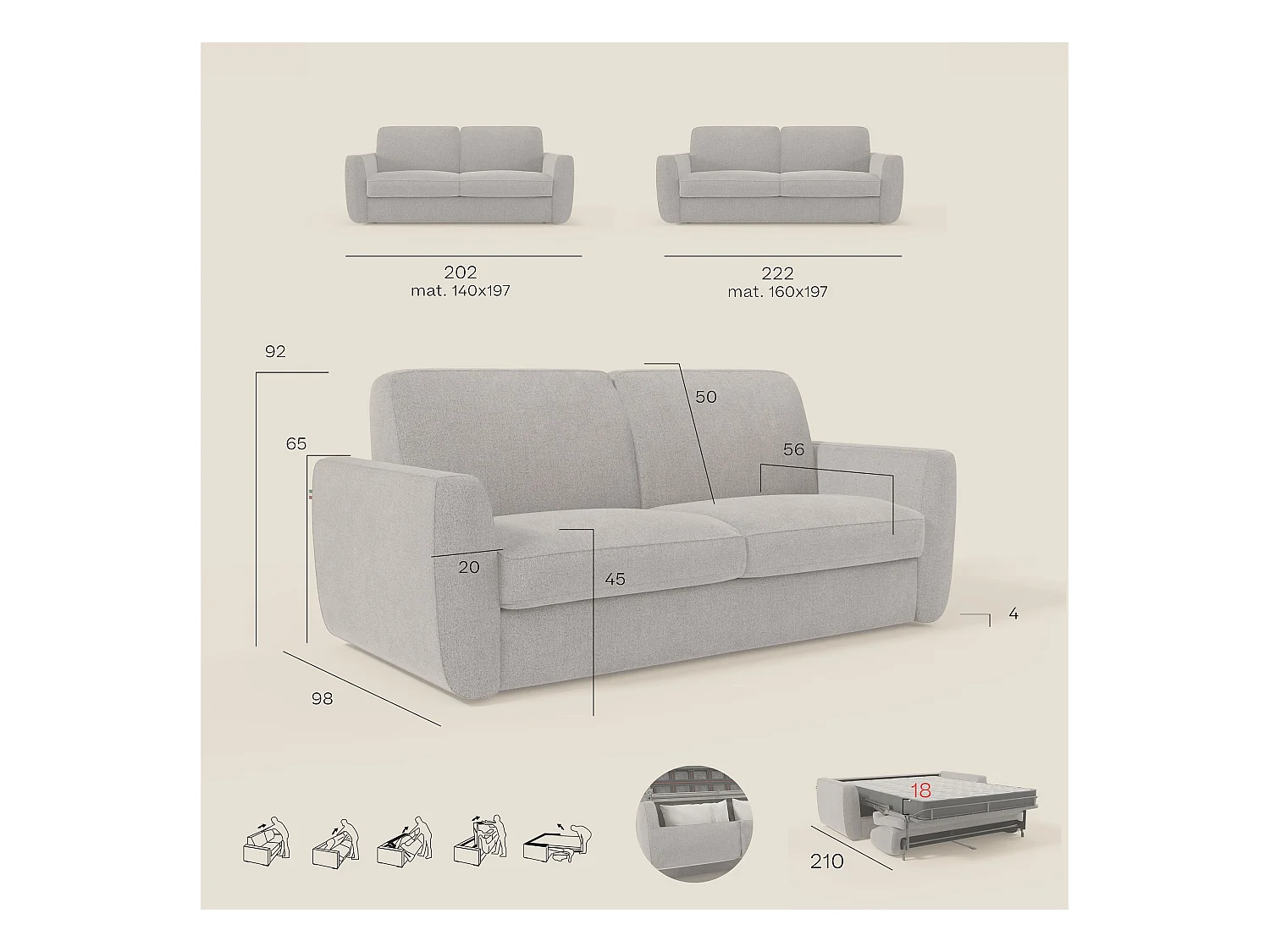 Leonida Canapé convertible déhoussable et matelas H18 cm - coffre à oreiller détachable 222 cm blanc