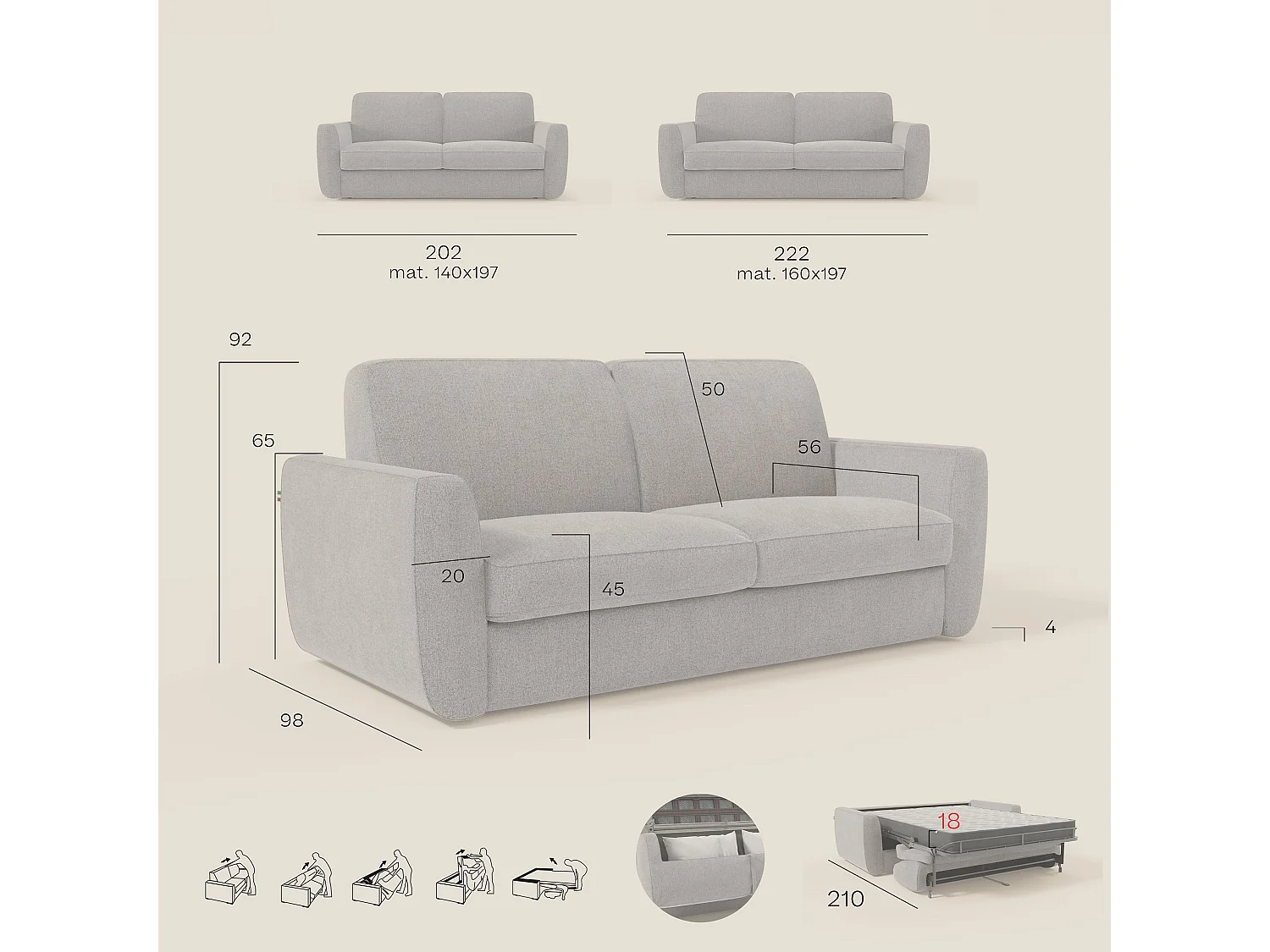 Leonida Abziehbares Schlafsofa mit Matratze H18 cm und Kissenfach aus abwaschbarem Stoff 222 cm Graubeige
