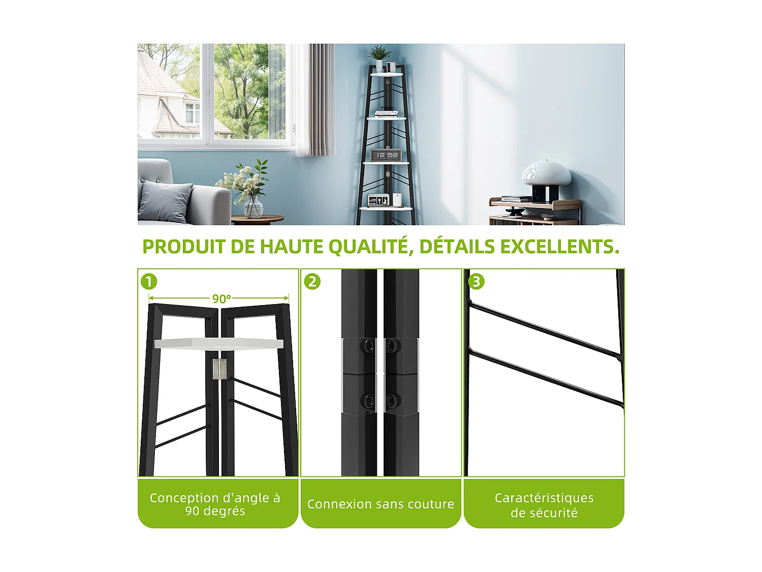 Étagère d'angle à 5 niveaux - Bibliothèque d'angle moderne sur pied - Étagère d'exposition ouverte en bois - Blanc