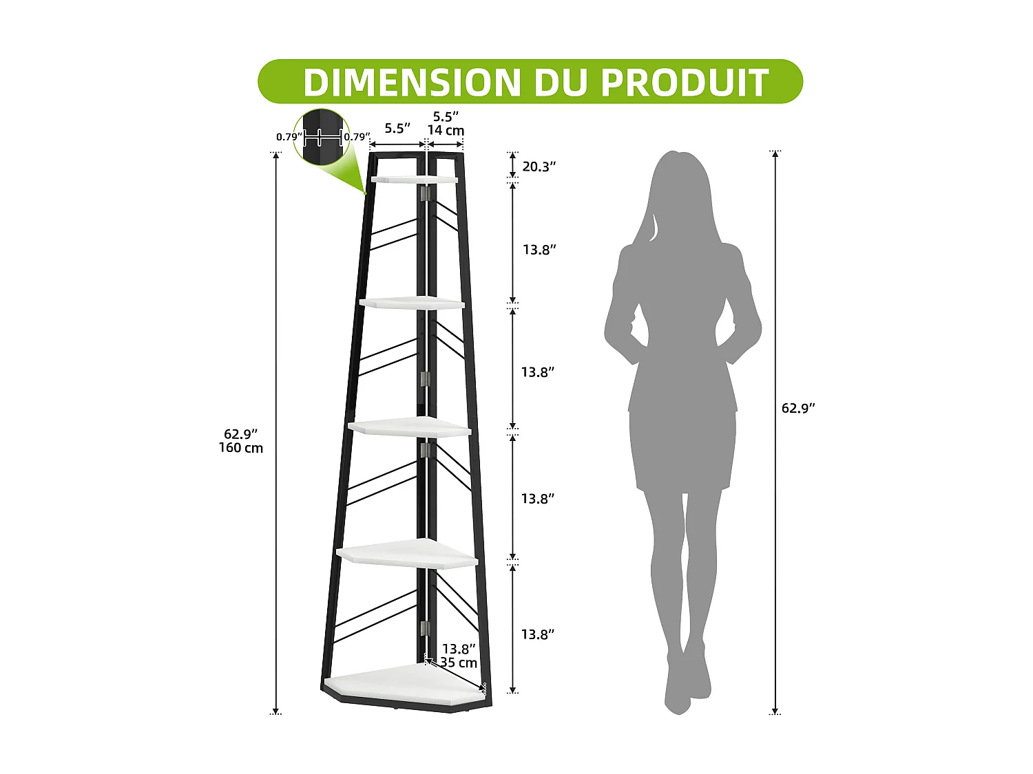Étagère d'angle à 5 niveaux - Bibliothèque d'angle moderne sur pied - Étagère d'exposition ouverte en bois - Blanc