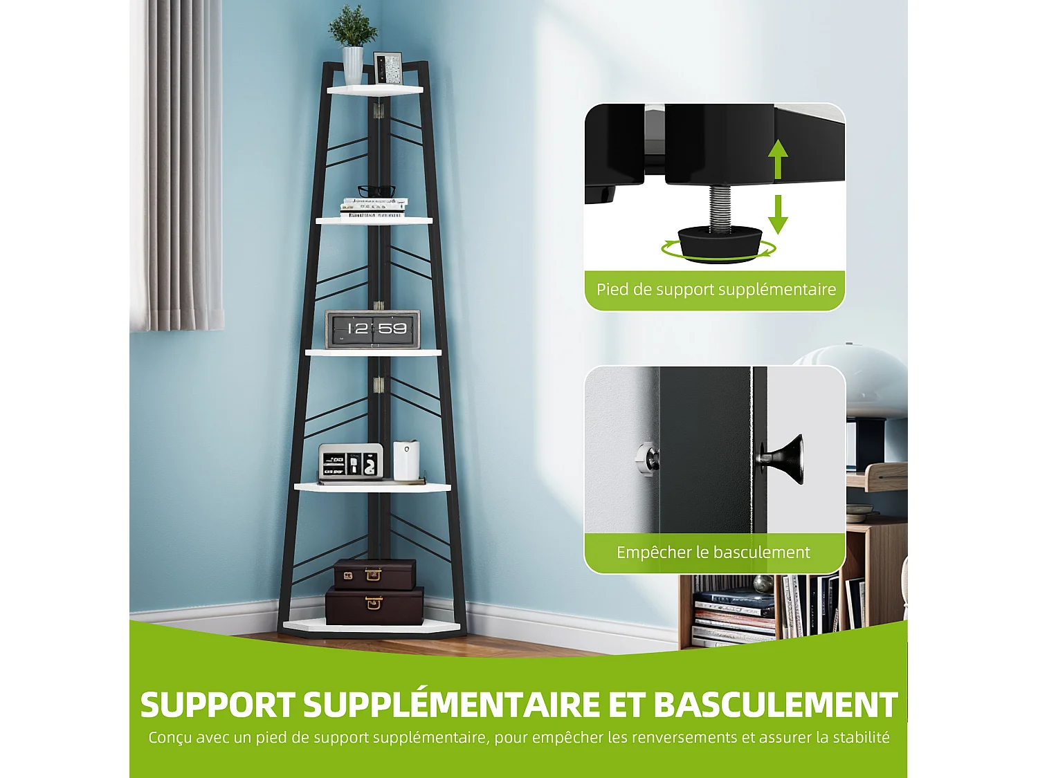 Étagère d'angle à 5 niveaux - Bibliothèque d'angle moderne sur pied - Étagère d'exposition ouverte en bois - Blanc