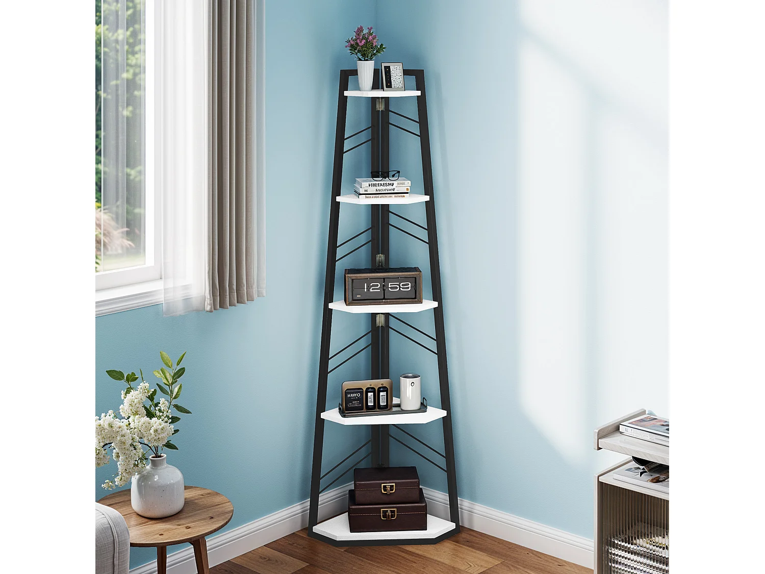 Étagère d'angle à 5 niveaux - Bibliothèque d'angle moderne sur pied - Étagère d'exposition ouverte en bois - Blanc