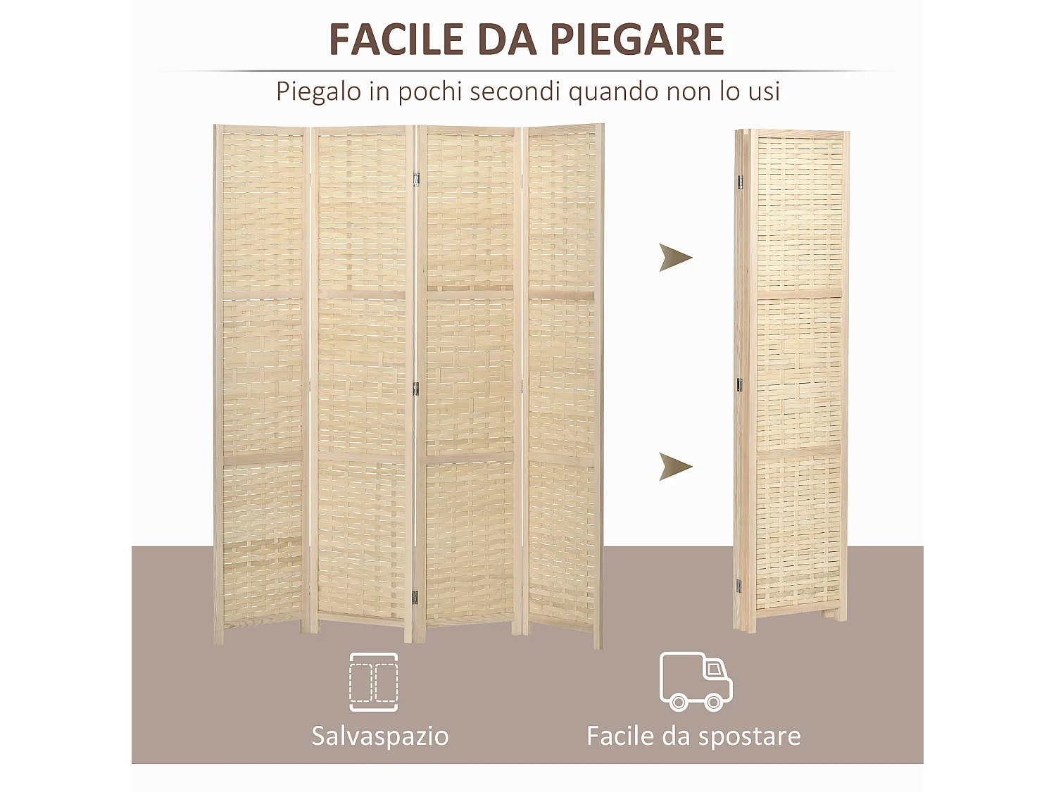 Paravento separé interno 4 ante legno e bambù pieghevole 170cm