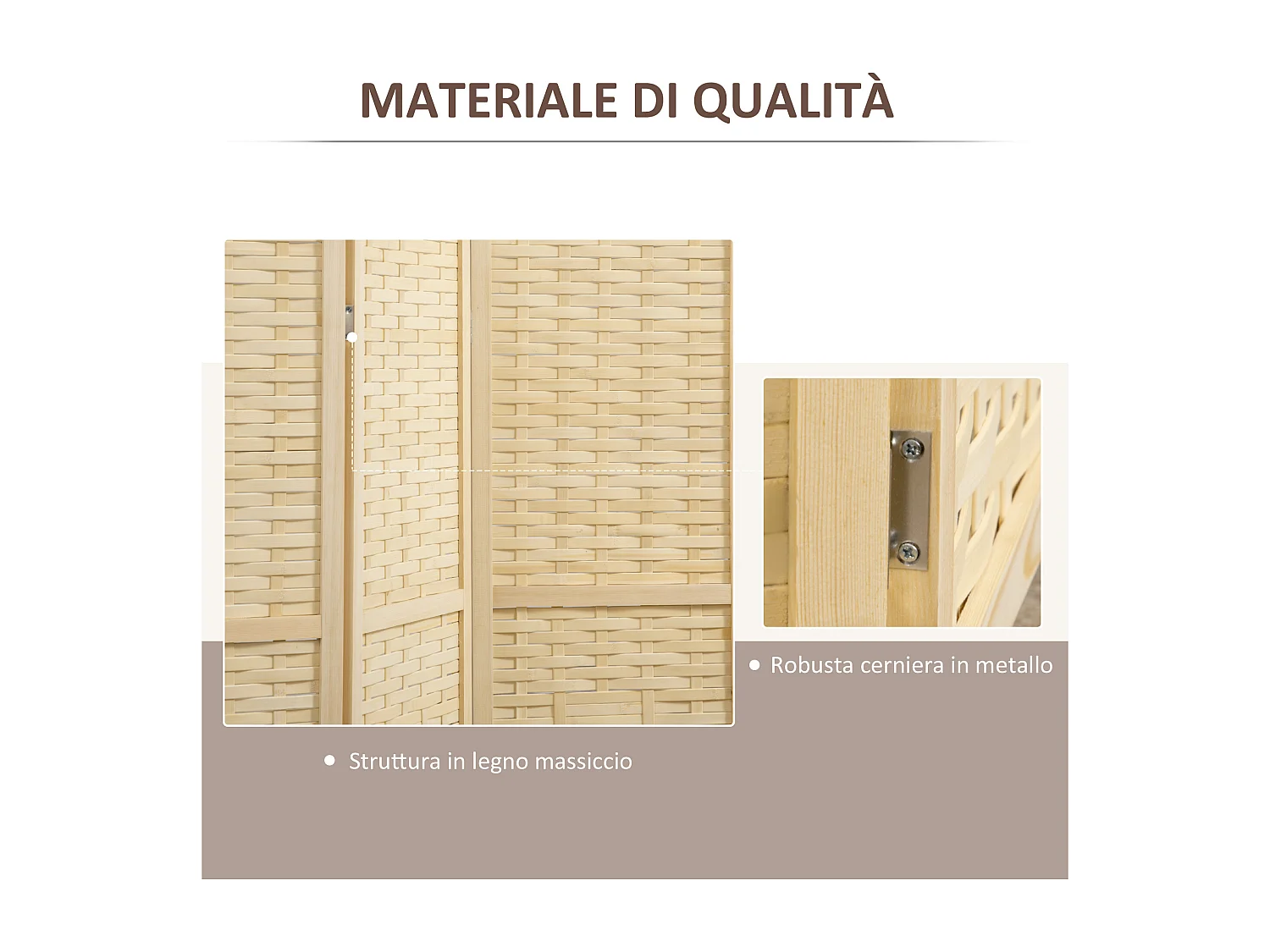 Paravento separé interno 4 ante legno e bambù pieghevole 170cm