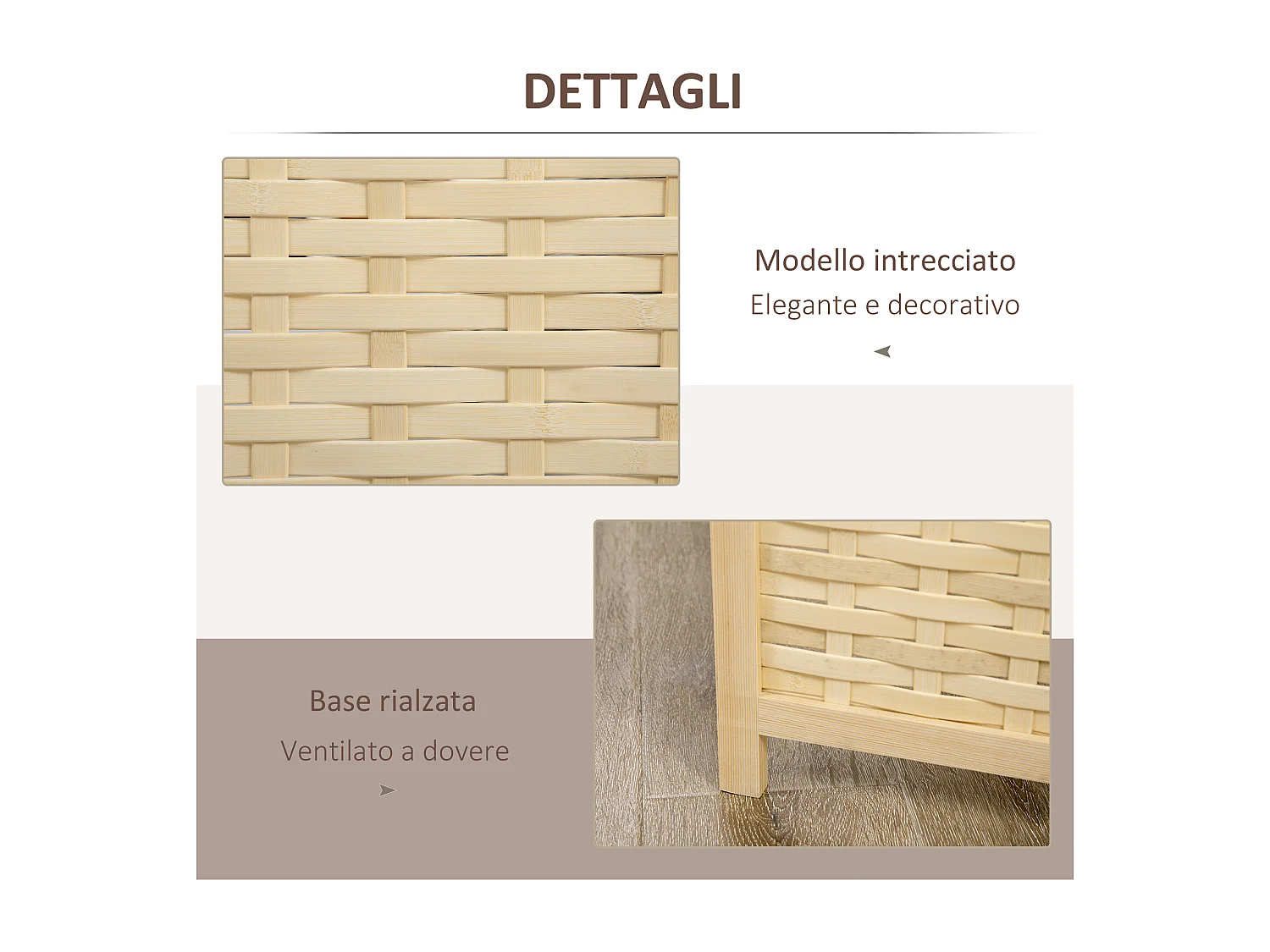 Paravento separé interno 4 ante legno e bambù pieghevole 170cm