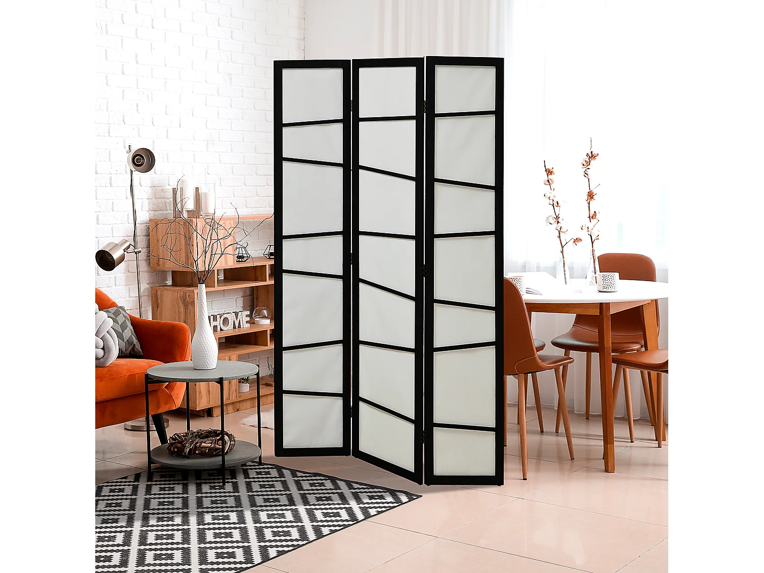 Separè pieghevole da 3 pannelli 120x170cm nero e bianco