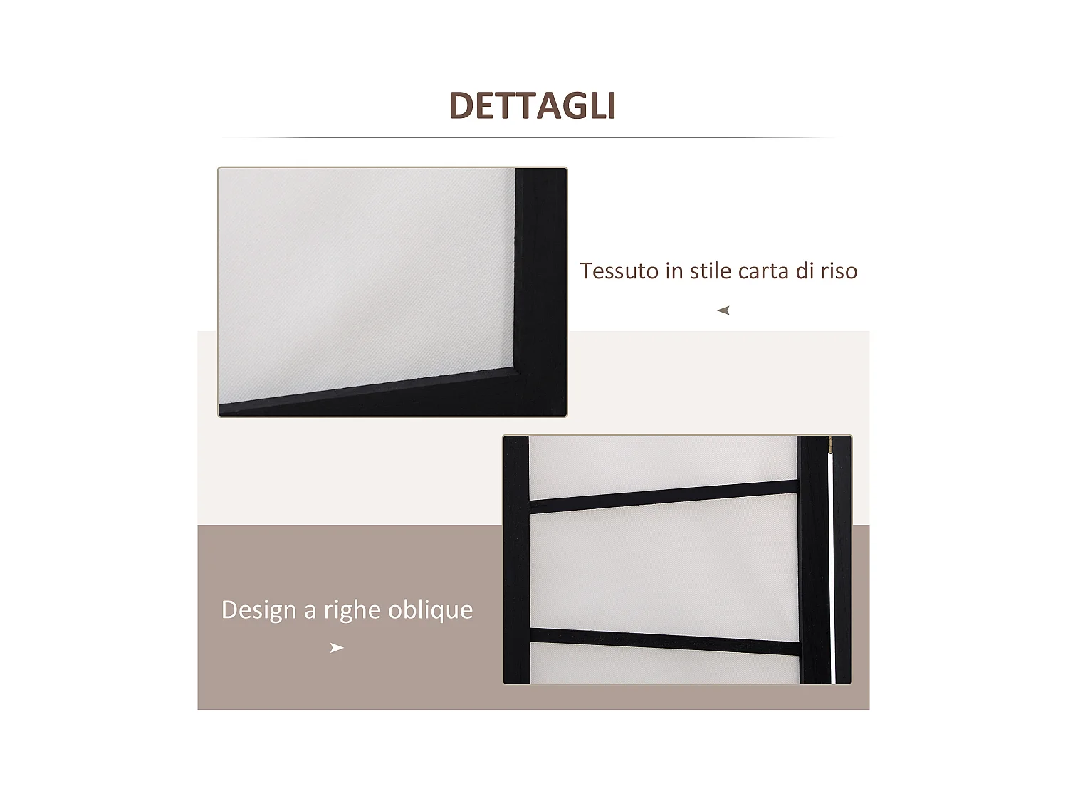 Separè pieghevole da 3 pannelli 120x170cm nero e bianco