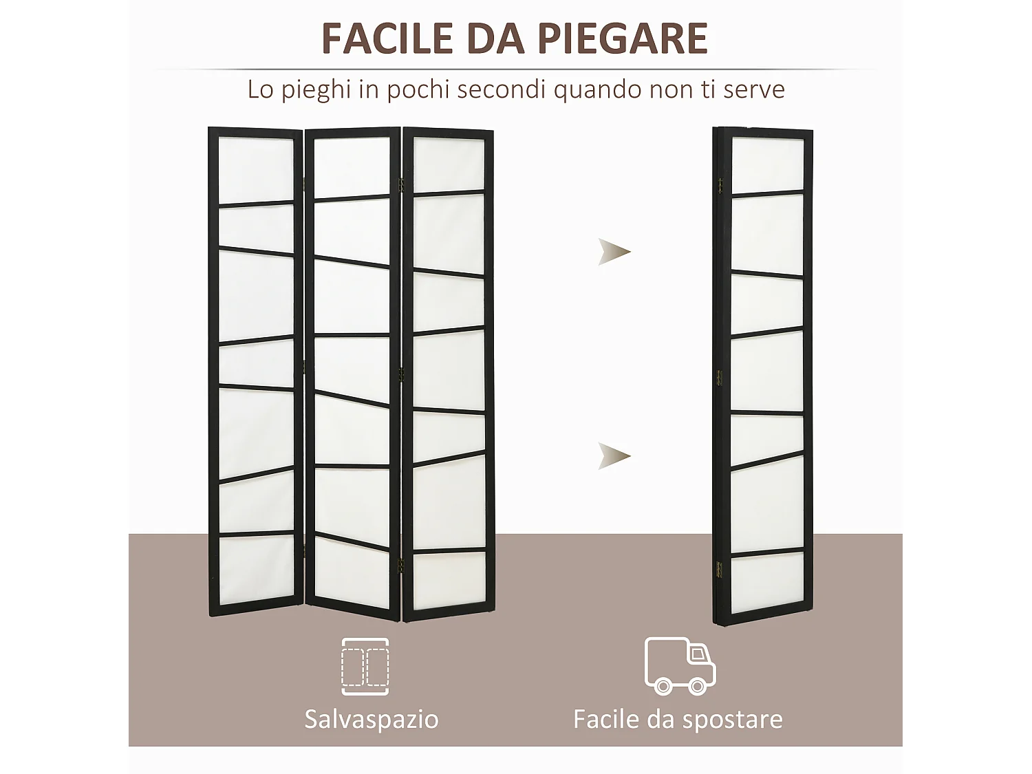 Separè pieghevole da 3 pannelli 120x170cm nero e bianco