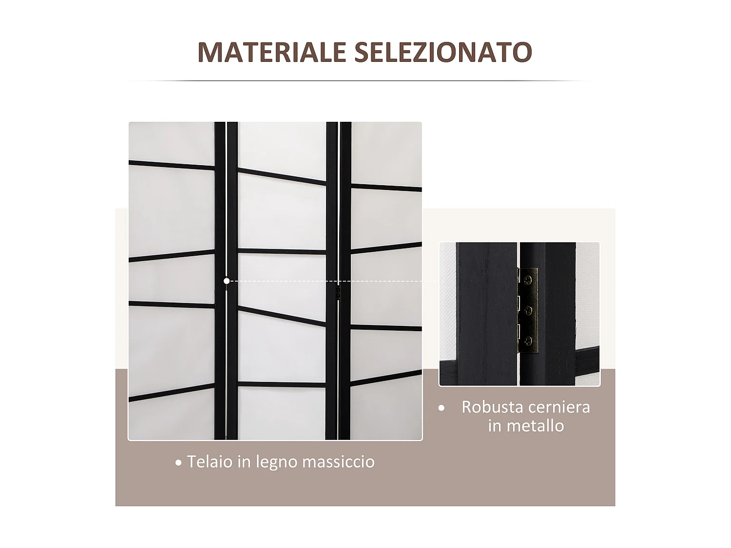 Separè pieghevole da 3 pannelli 120x170cm nero e bianco