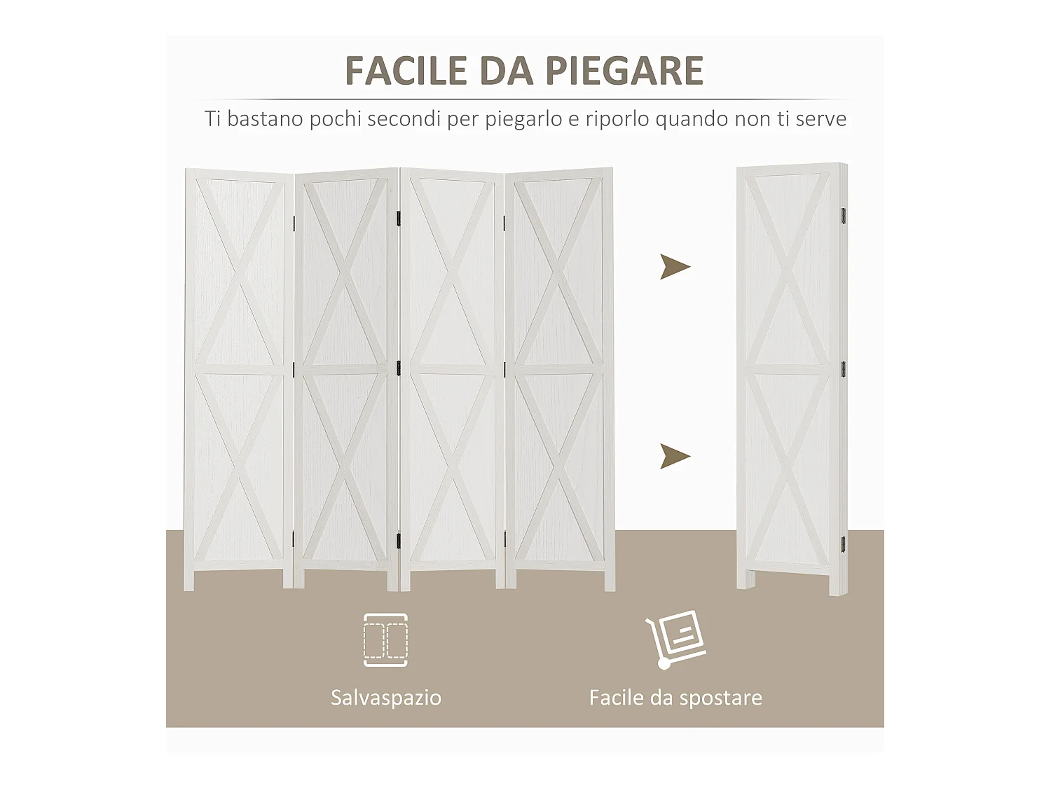 Paravento da interno a 4 ante stile country 182x170cm legno bianco