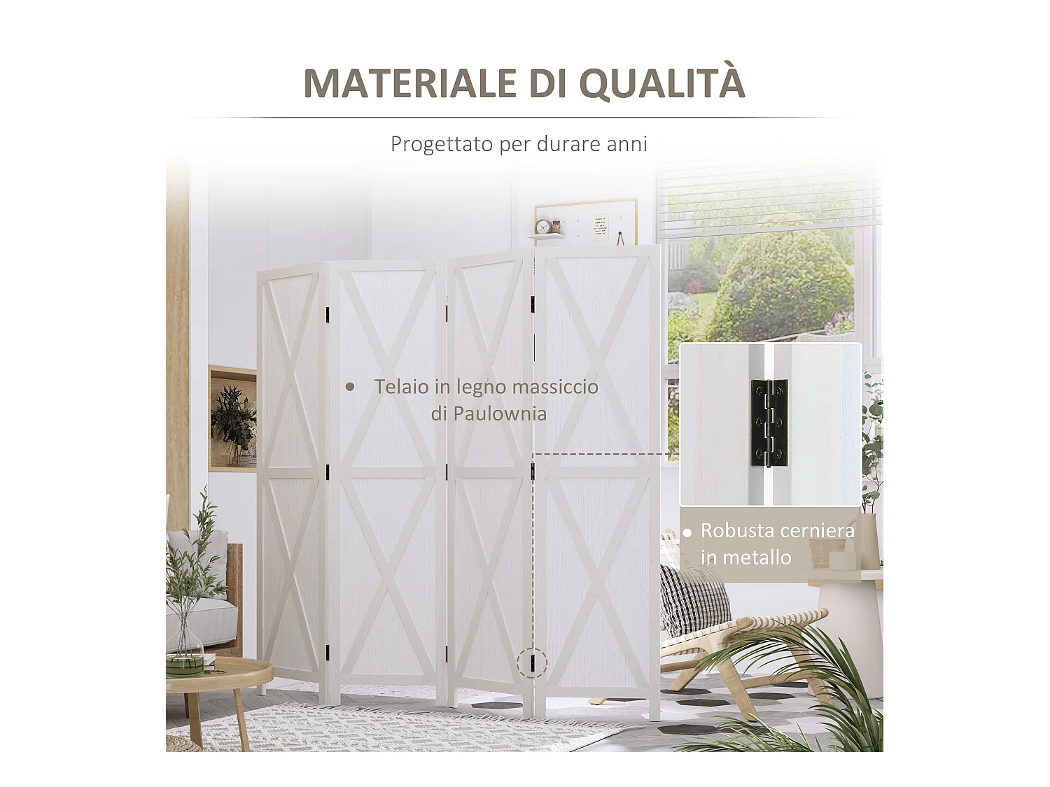 Paravento da interno a 4 ante stile country 182x170cm legno bianco