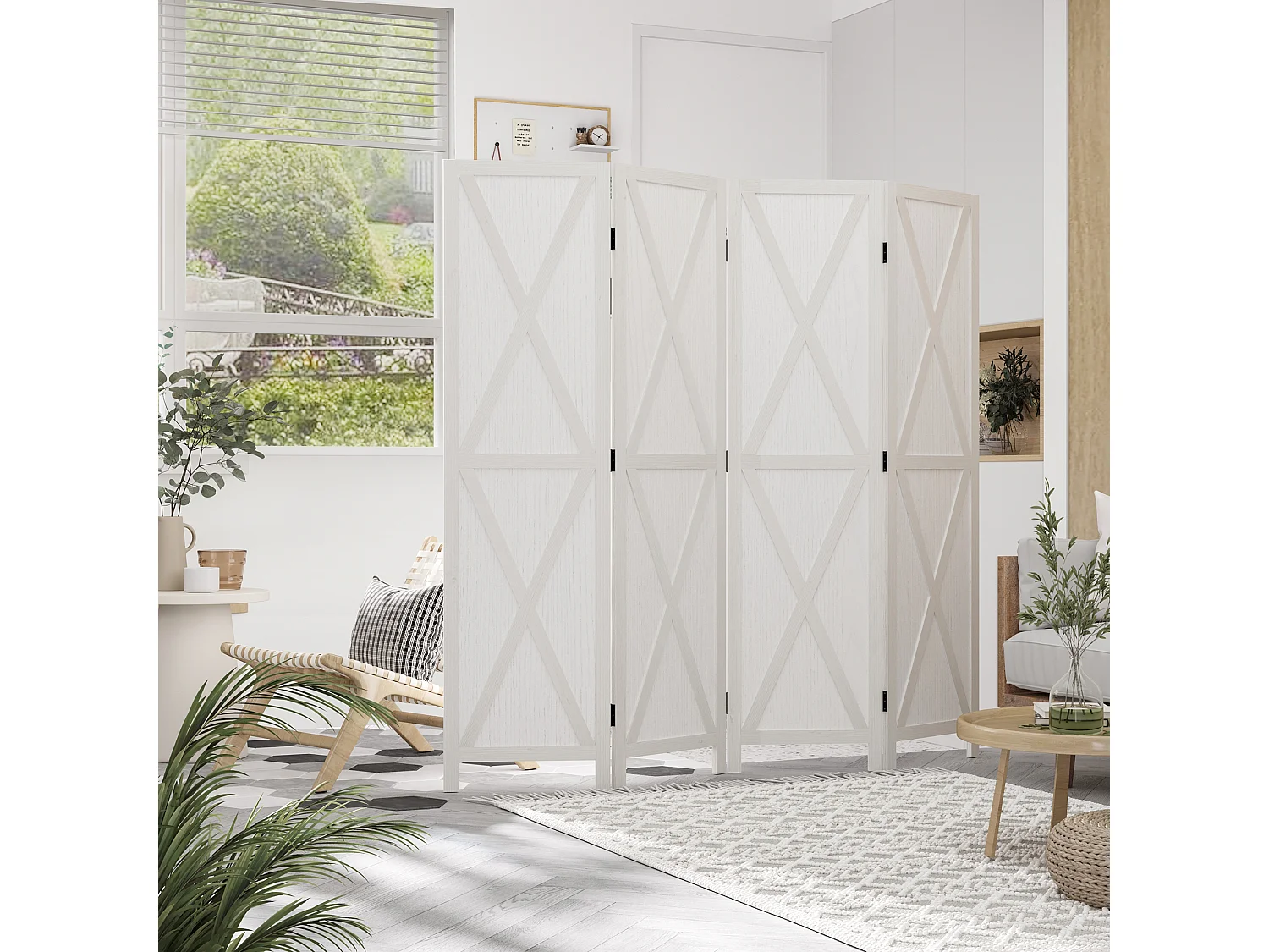 Paravento da interno a 4 ante stile country 182x170cm legno bianco