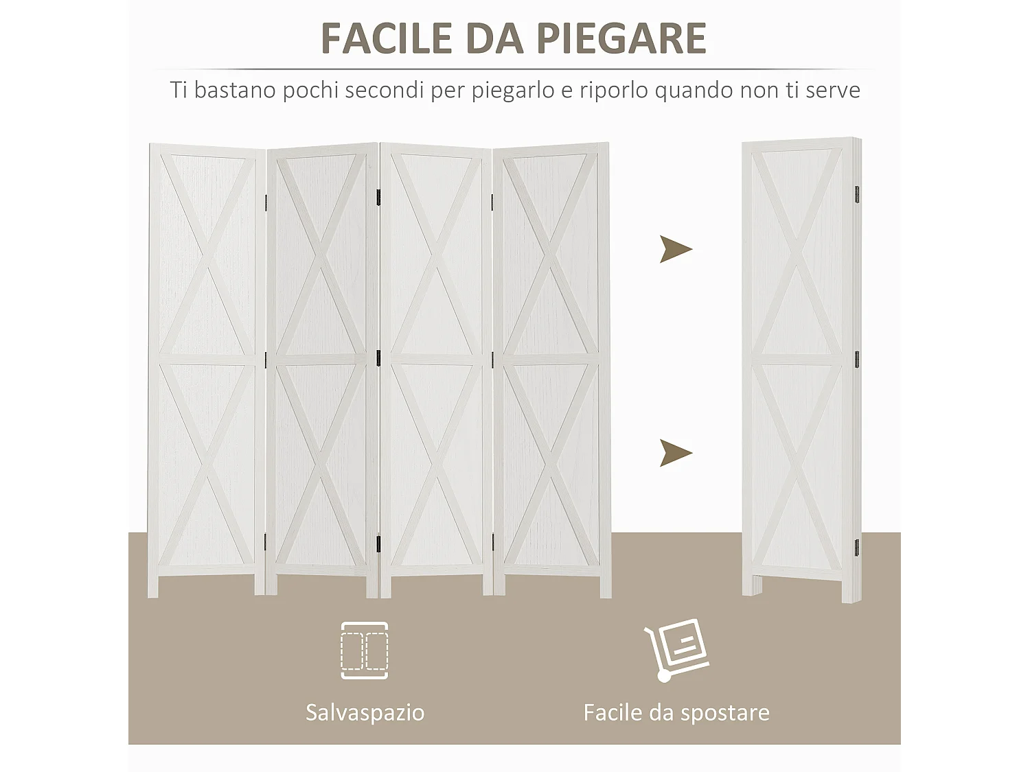 Paravento da interno a 4 ante stile country 182x170cm legno bianco