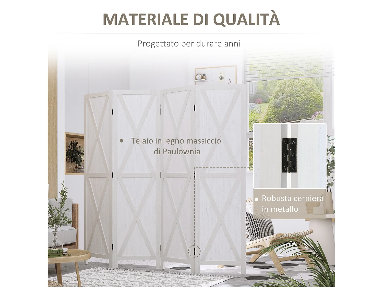 Paravento da interno a 4 ante stile country 182x170cm legno bianco