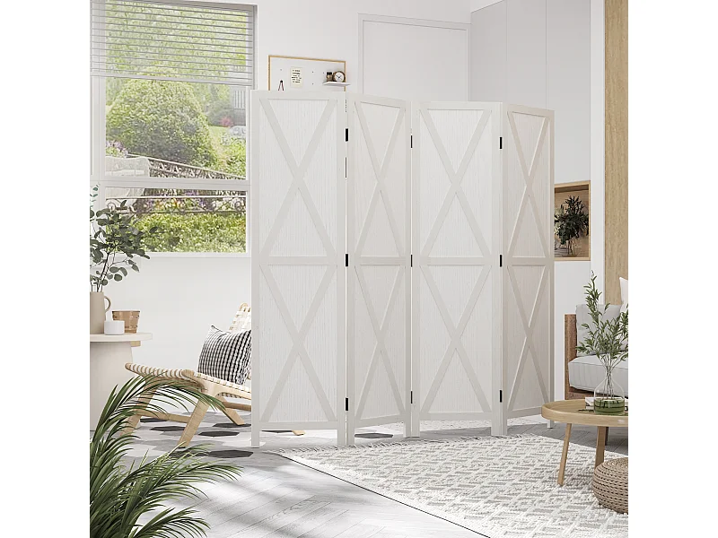 Paravento da interno a 4 ante stile country 182x170cm legno bianco