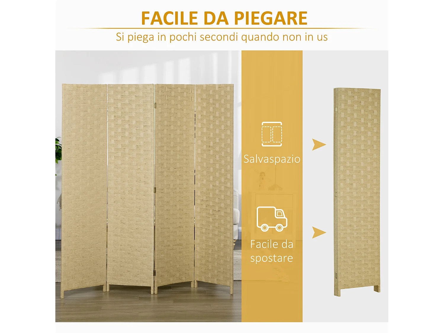 Paravento separé da interno 4 ante in legno pieghevole 170cm