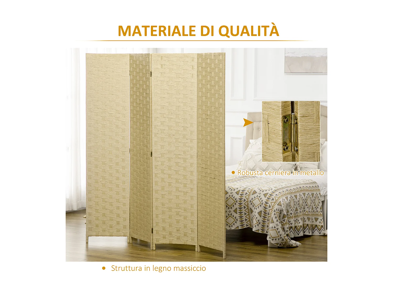 Paravento separé da interno 4 ante in legno pieghevole 170cm