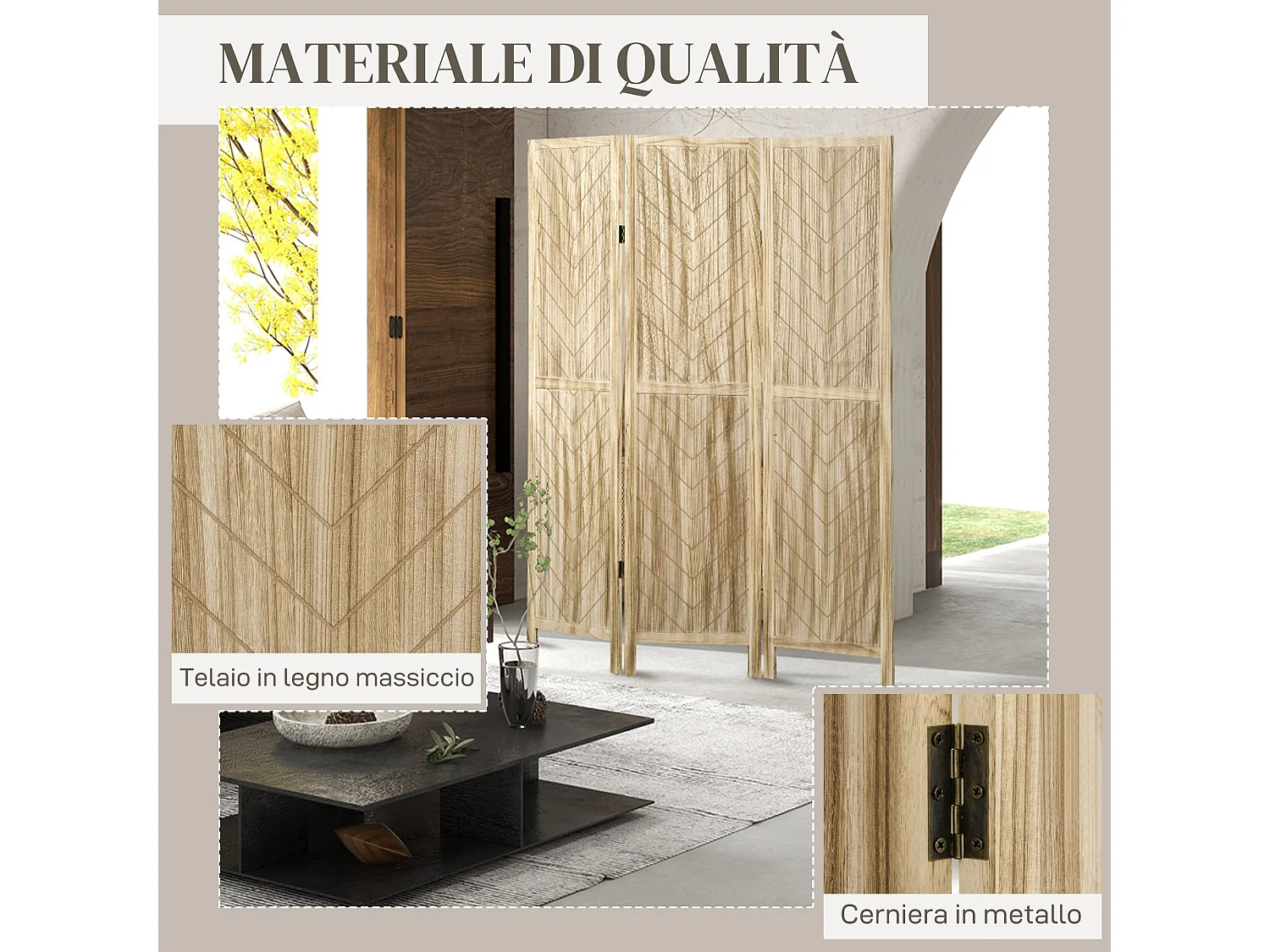 Paravento da interno pieghevole a 3 ante in legno 120x1.6x170 cm