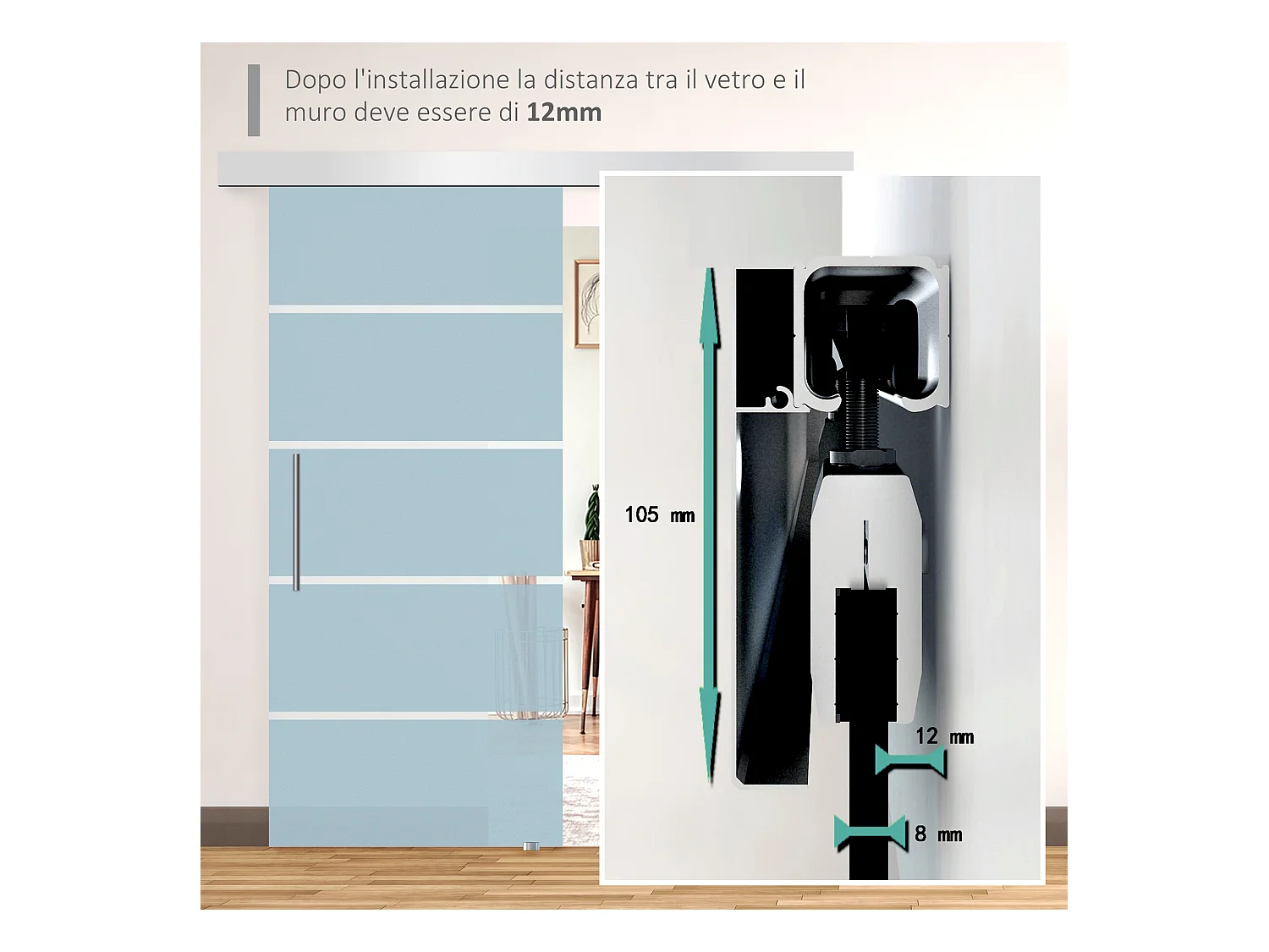 Porta scorrevole in vetro satinato 8 mm con maniglia 205x102.5 cm