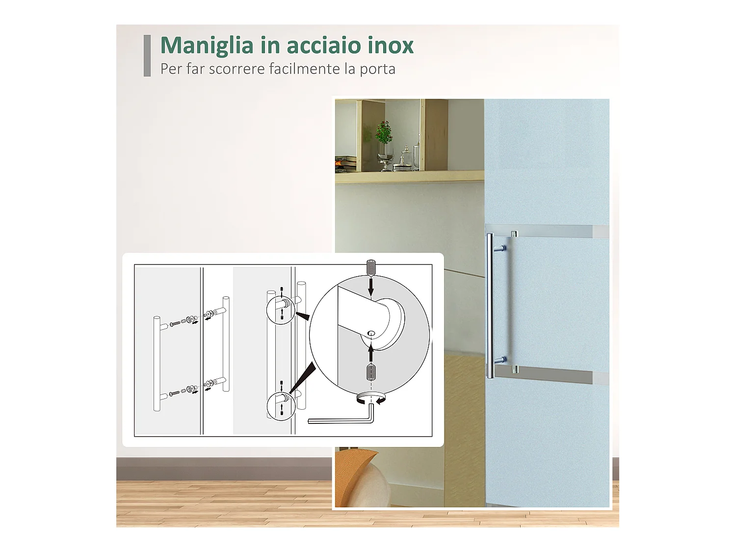 Porta scorrevole in vetro satinato 8 mm con maniglia 205x102.5 cm