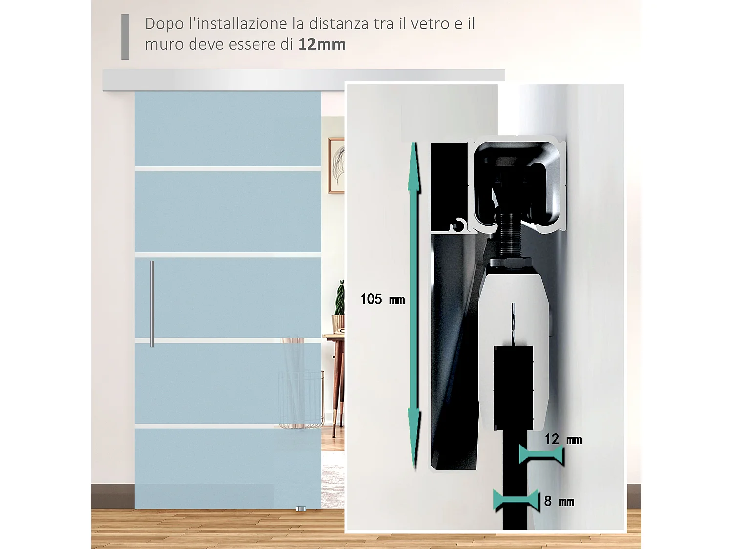 Porta scorrevole in vetro satinato 8 mm con maniglia 205x102.5 cm