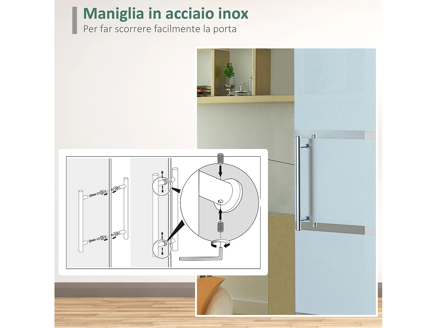 Porta scorrevole in vetro satinato 8 mm con maniglia 205x102.5 cm