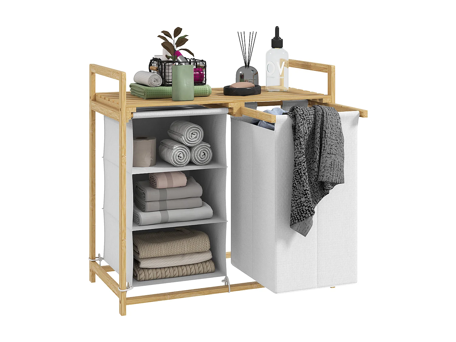 Cesto portabiancheria con 2 borse estraibili e ripiani a doghe bianco