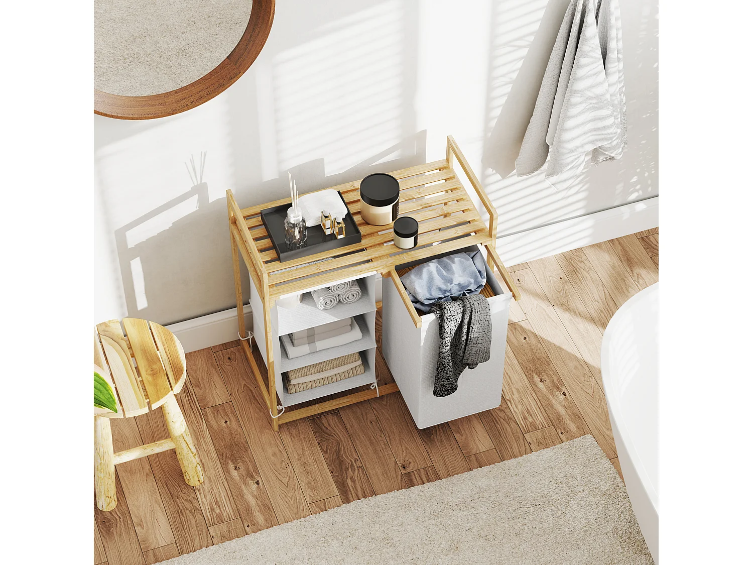 Cesto portabiancheria con 2 borse estraibili e ripiani a doghe bianco