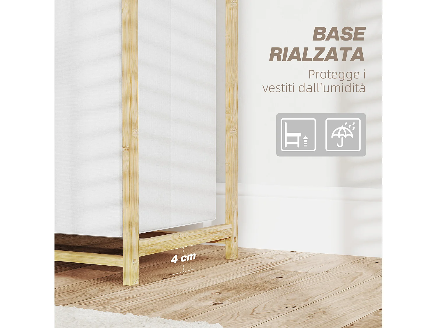 Cesto portabiancheria con 2 borse estraibili e ripiani a doghe bianco