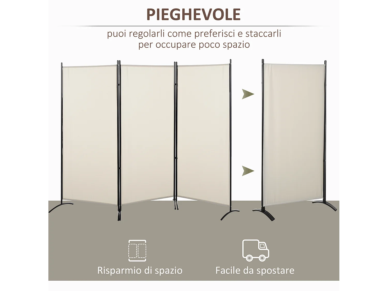 Separé da interno pieghevole a 3 pannelli metallo e poliestere beige