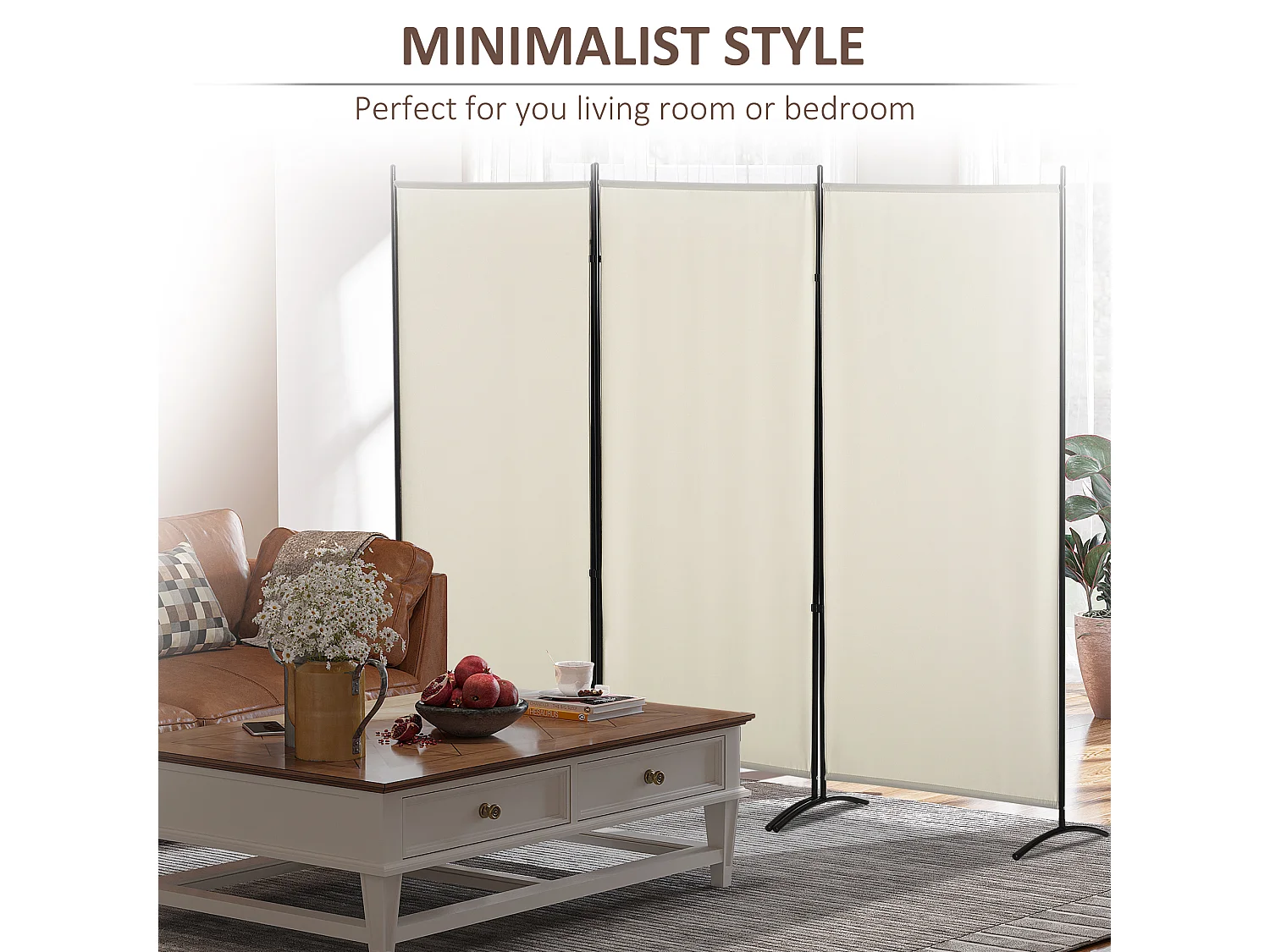 Separé da interno pieghevole a 3 pannelli metallo e poliestere beige