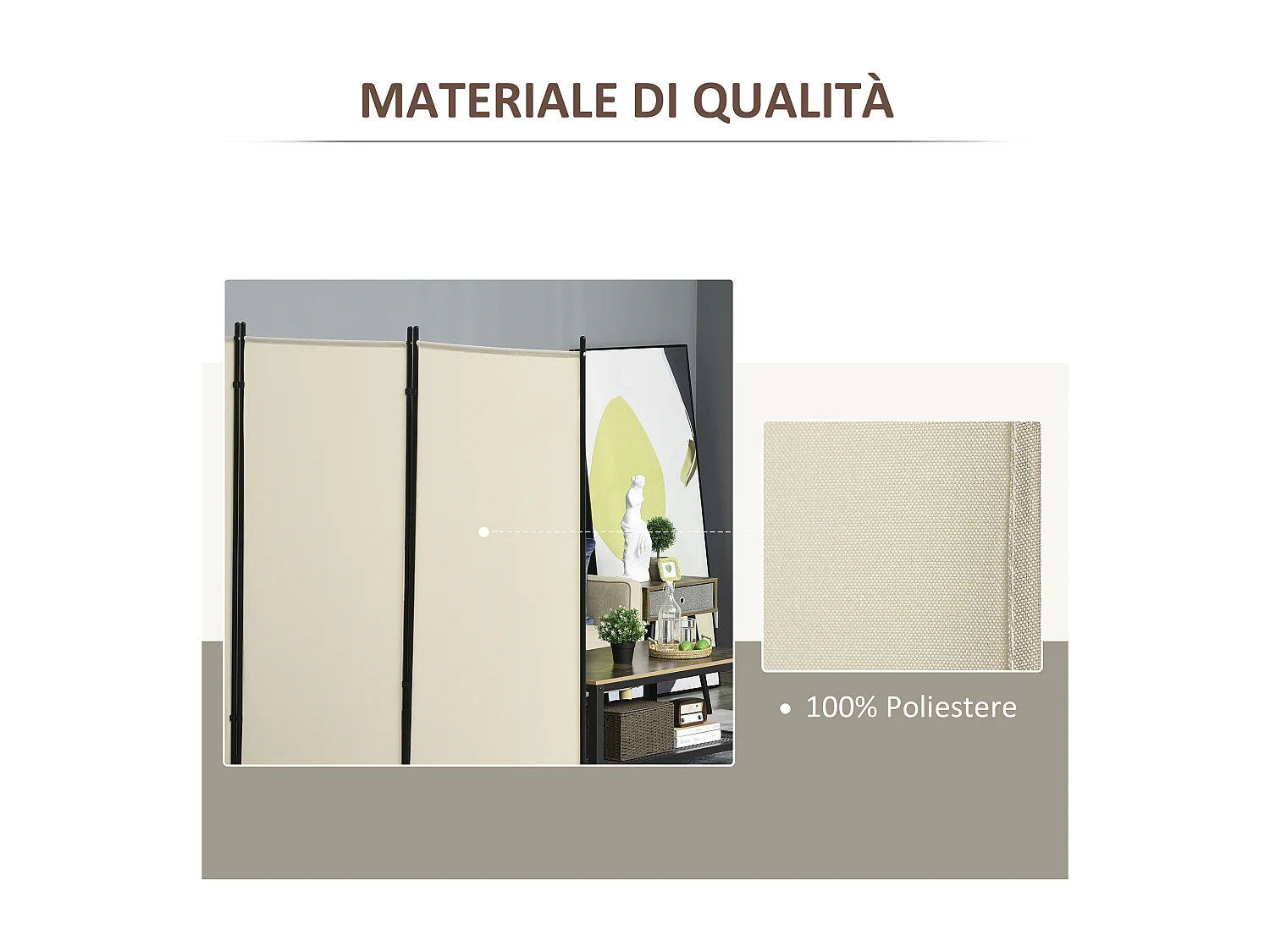 Separé da interno pieghevole a 3 pannelli metallo e poliestere beige