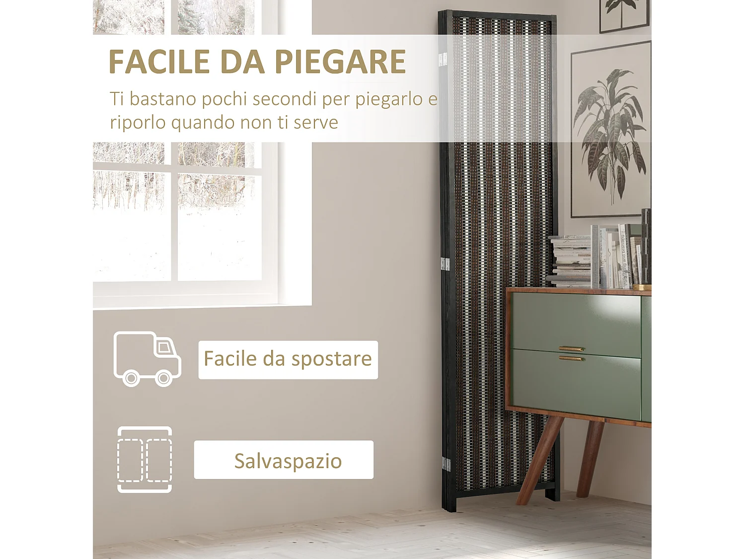 Separé paravento in legno e bambù 4 pannelli altezza 180cm