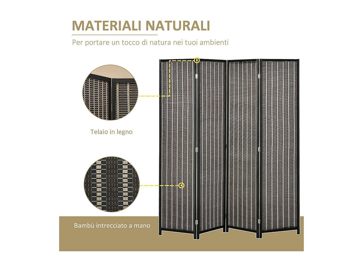 Separé paravento in legno e bambù 4 pannelli altezza 180cm