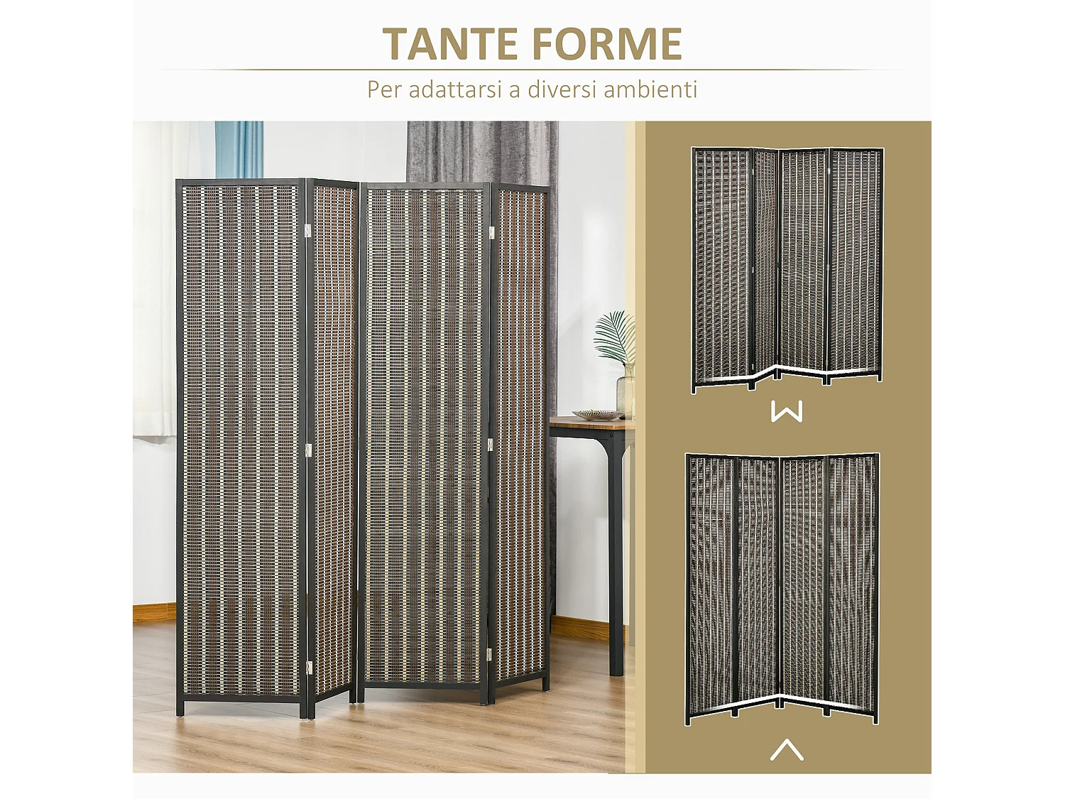 Separé paravento in legno e bambù 4 pannelli altezza 180cm