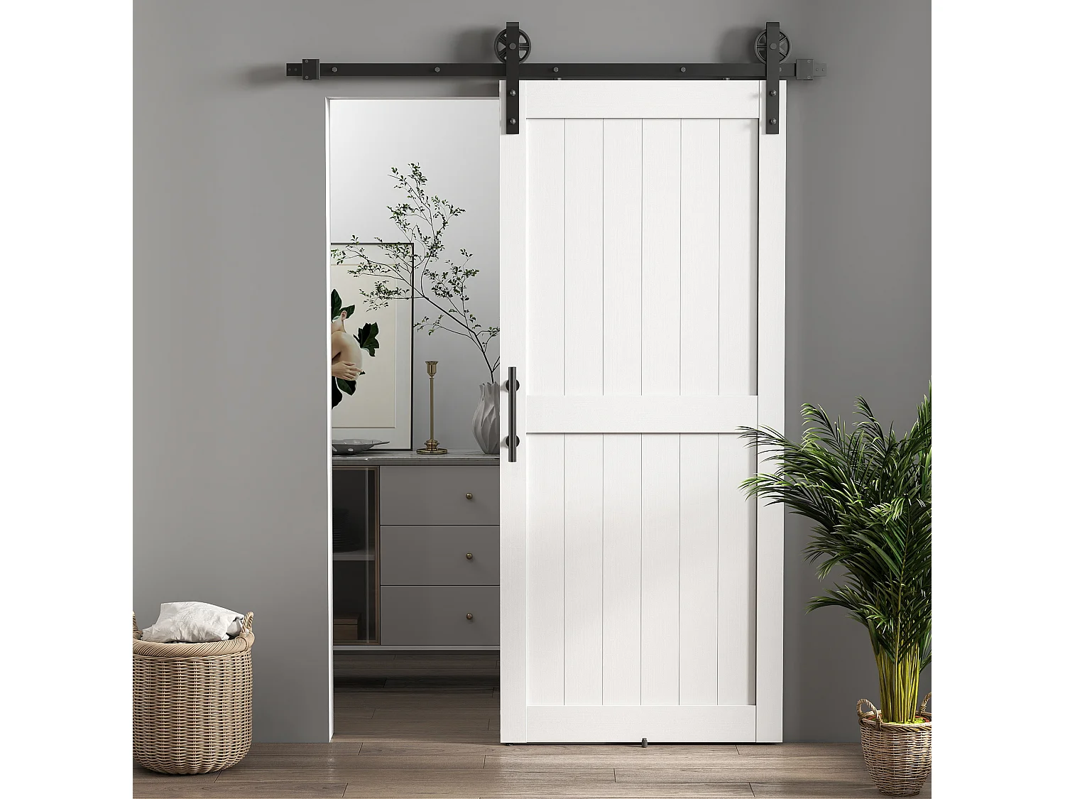 Porta scorrevole in stile country in legno e acciaio bianco e nero