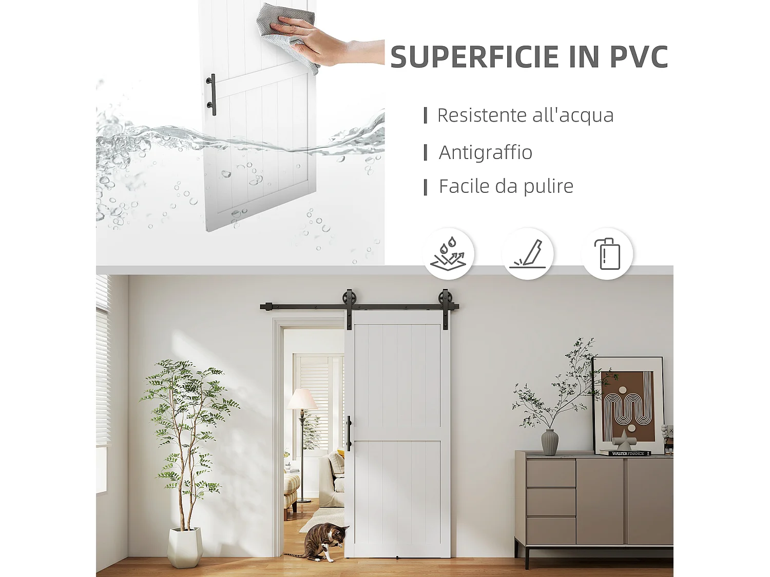 Porta scorrevole in stile country in legno e acciaio bianco e nero