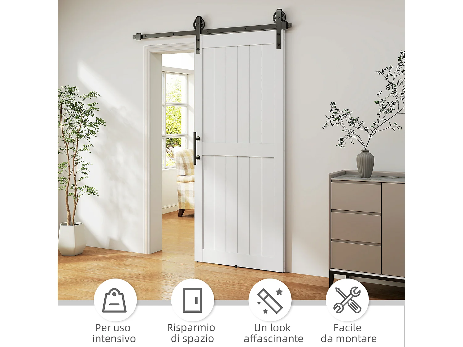 Porta scorrevole in stile country in legno e acciaio bianco e nero