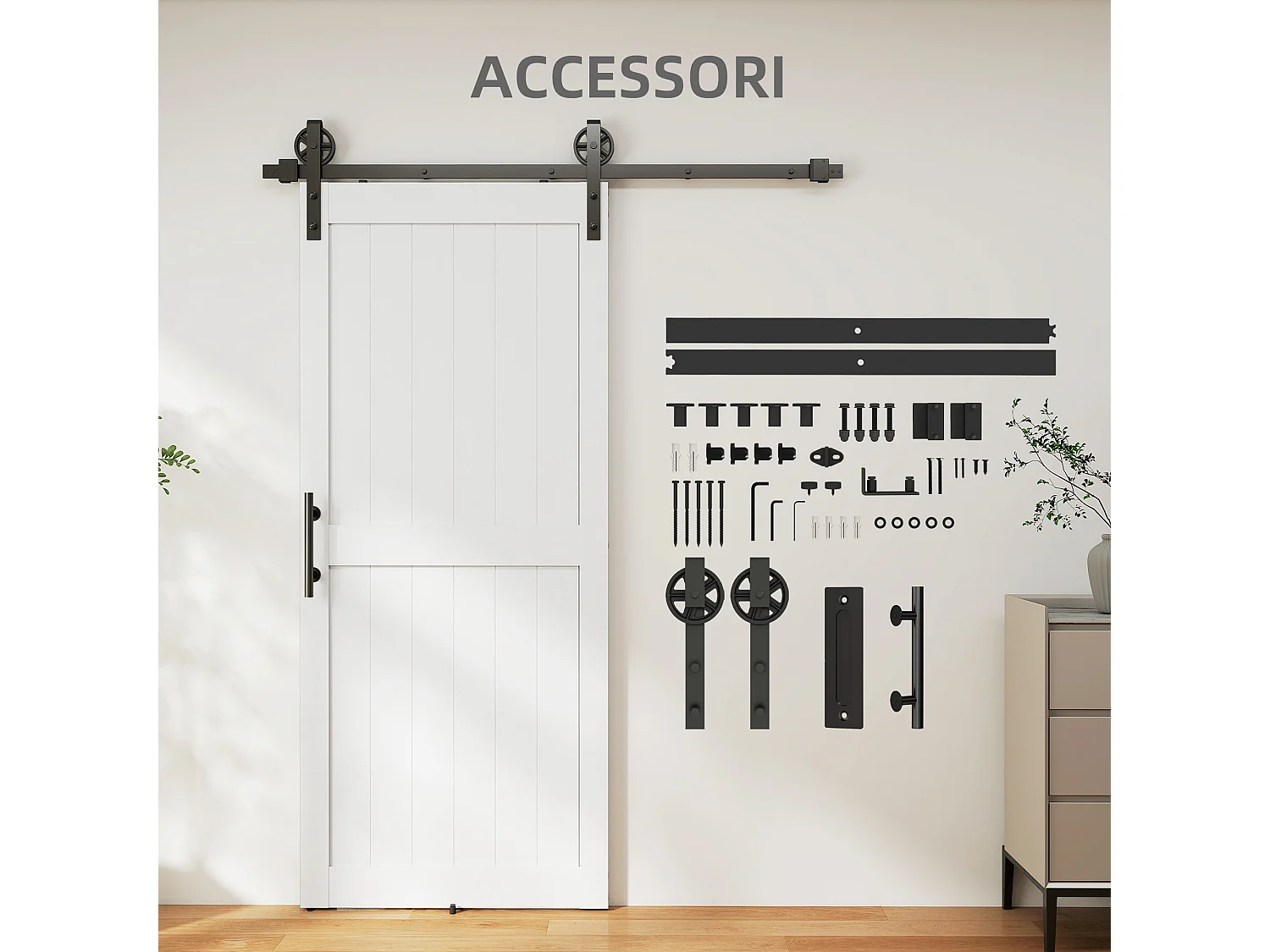 Porta scorrevole in stile country in legno e acciaio bianco e nero