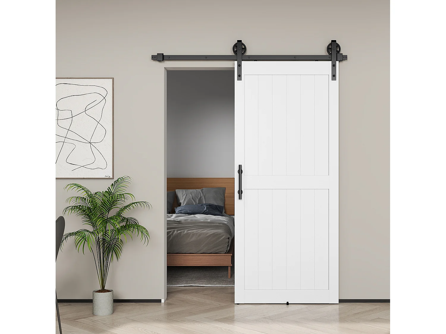 Porta scorrevole in stile country in legno e acciaio bianco e nero