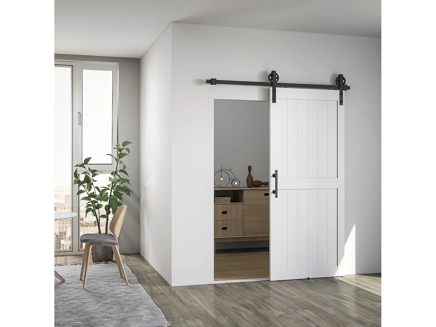 Porta scorrevole in stile country in legno e acciaio bianco e nero