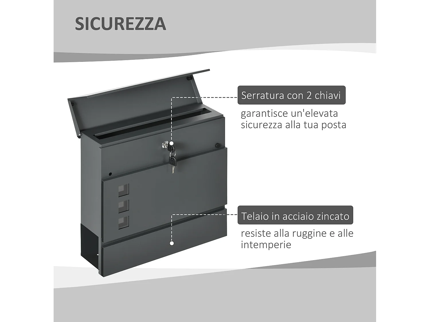 Cassetta postale in acciaio zincato con 3 fessure e 2 chiavi