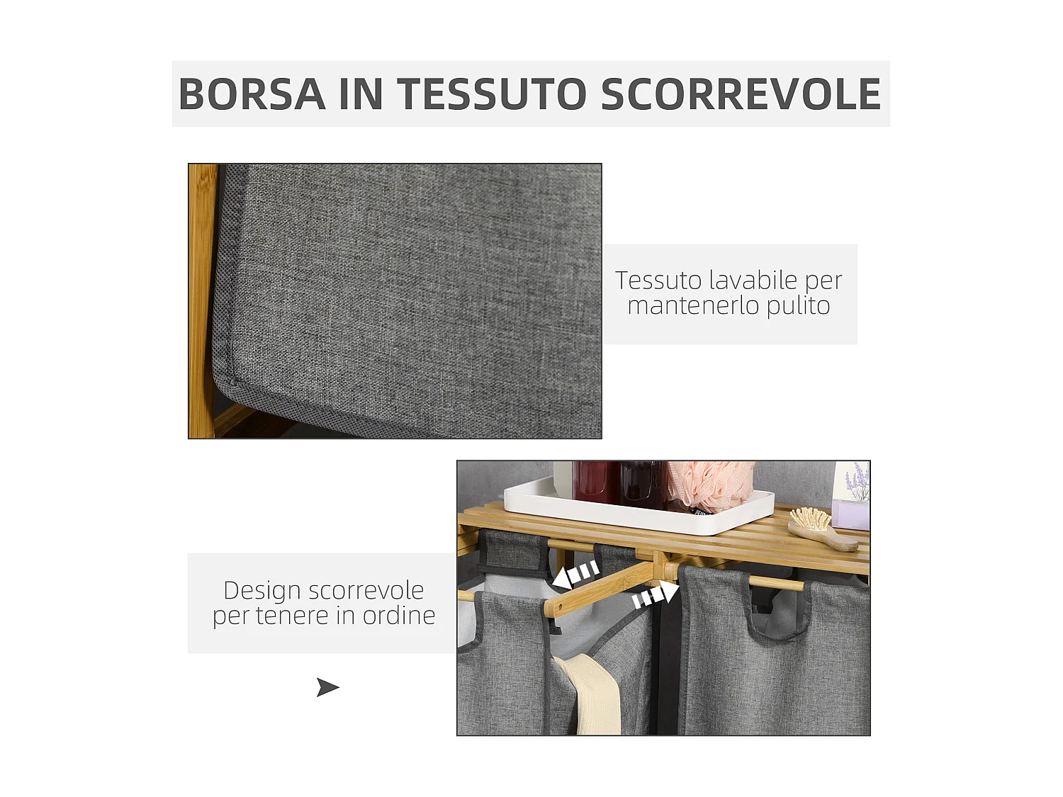 Portabiancheria con doppio cesto e ripiano 63.5x33x73cm grigio
