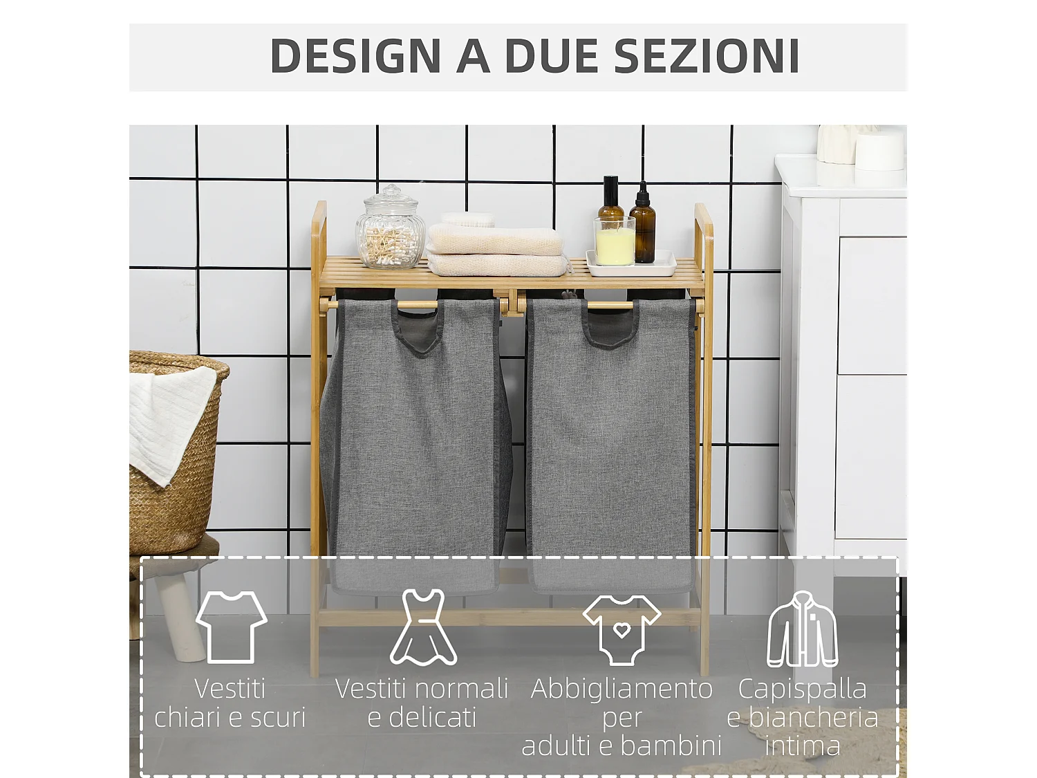 Portabiancheria con doppio cesto e ripiano 63.5x33x73cm grigio