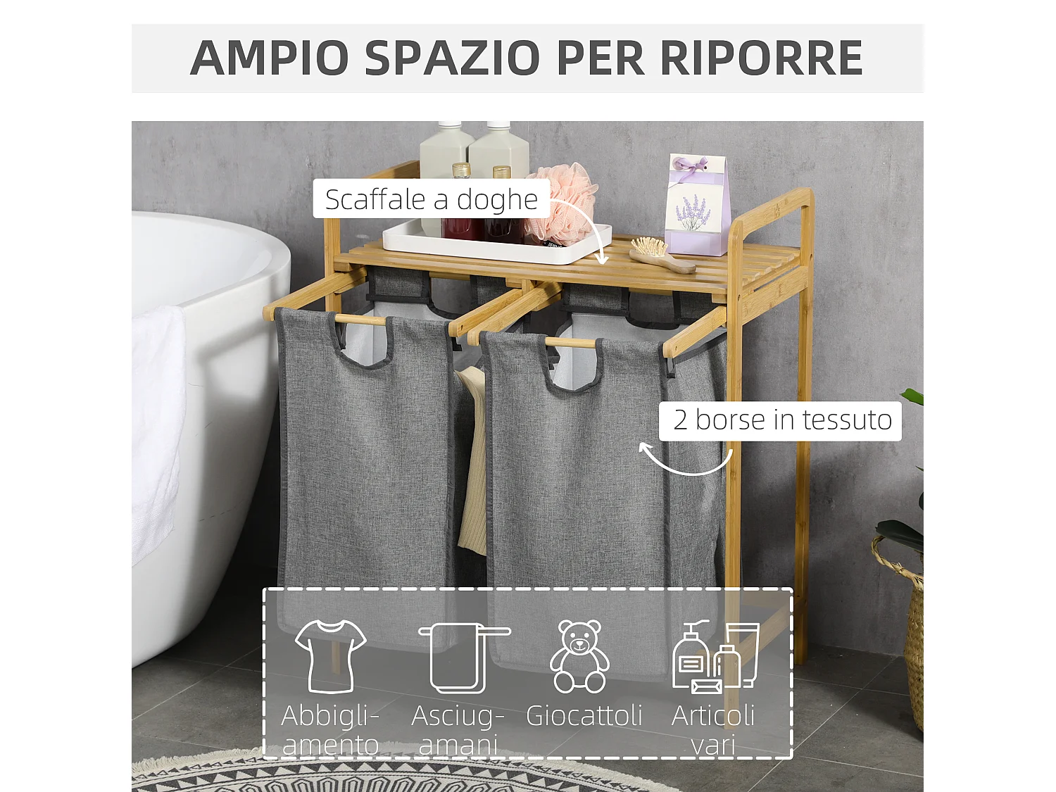 Portabiancheria con doppio cesto e ripiano 63.5x33x73cm grigio