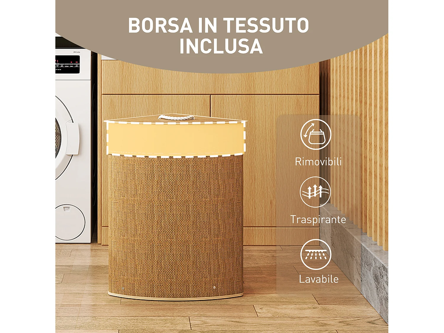 Cesto Portabiancheria da 55L con sacco estraibile in bambù marrone