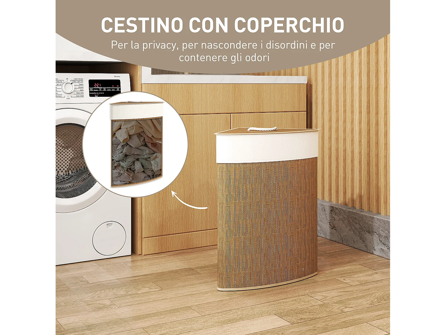 Cesto Portabiancheria da 55L con sacco estraibile in bambù marrone
