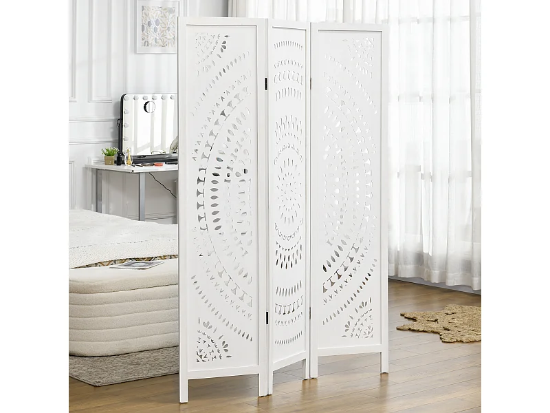 Paravento da interni pieghevole a 3 pannelli in legno bianco